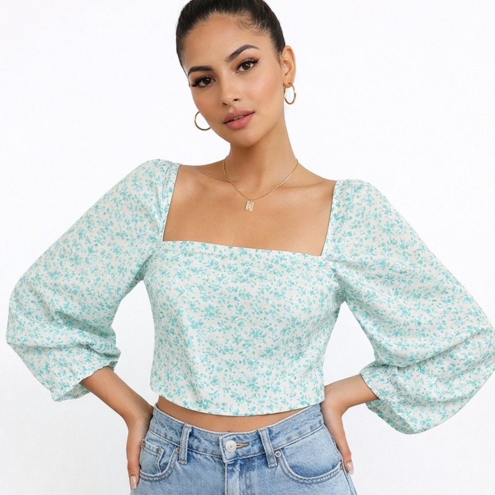 Levis The Statement Blouse Women XS Teal Floral Puff Sleeve Smocked Square Neck
